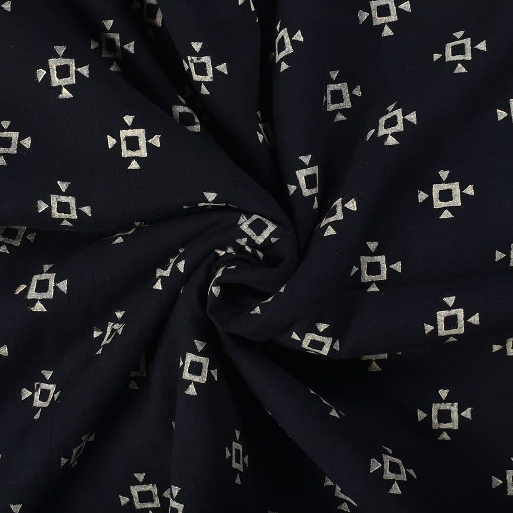 Abstract Black Block Printed Pure Cotton 65 GSM Handwoven Fabric