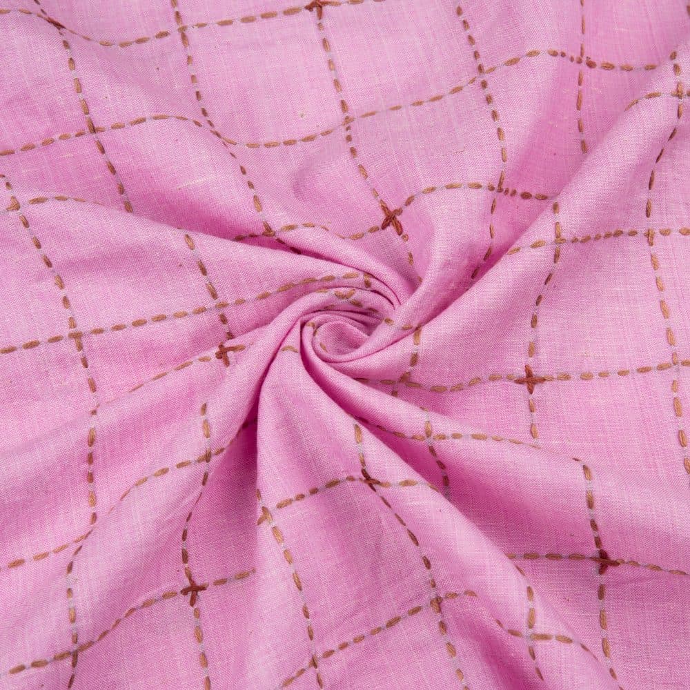 Check Pink Kantha Embroidered Khadi Cotton 93 GSM Handwoven Fabric