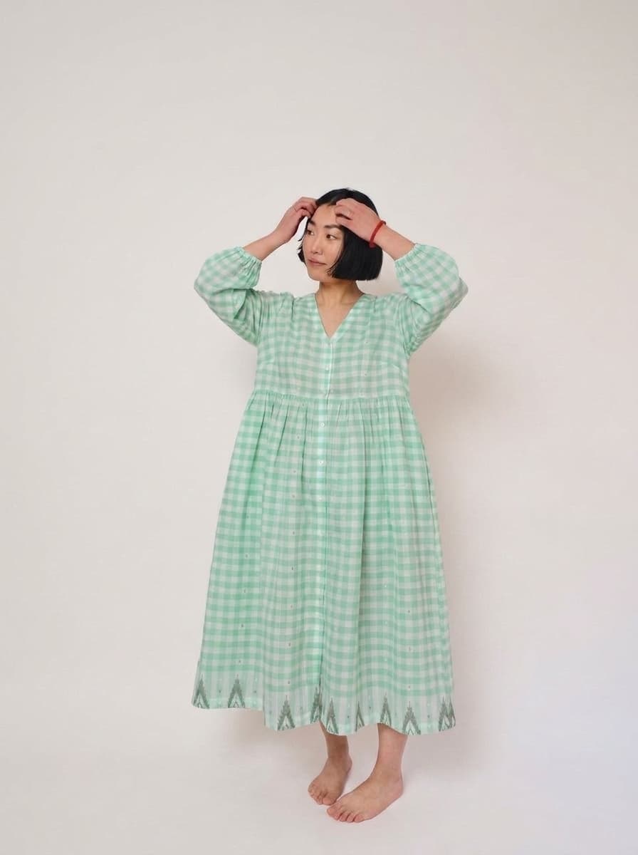 Buttoned & Gathered Lose Midi Dress - Green & White