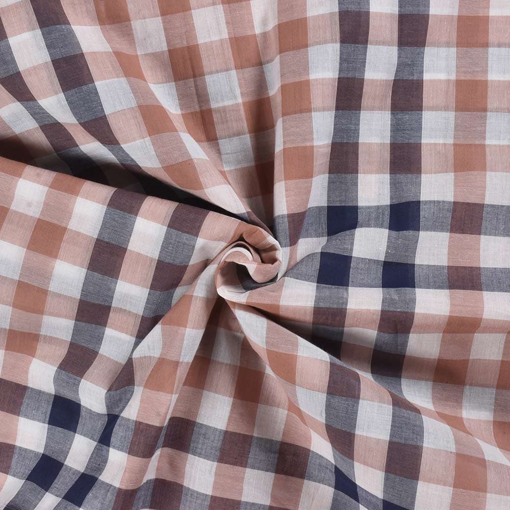 Check White Blue & Brown Pure Cotton 95 GSM Handwoven Fabric