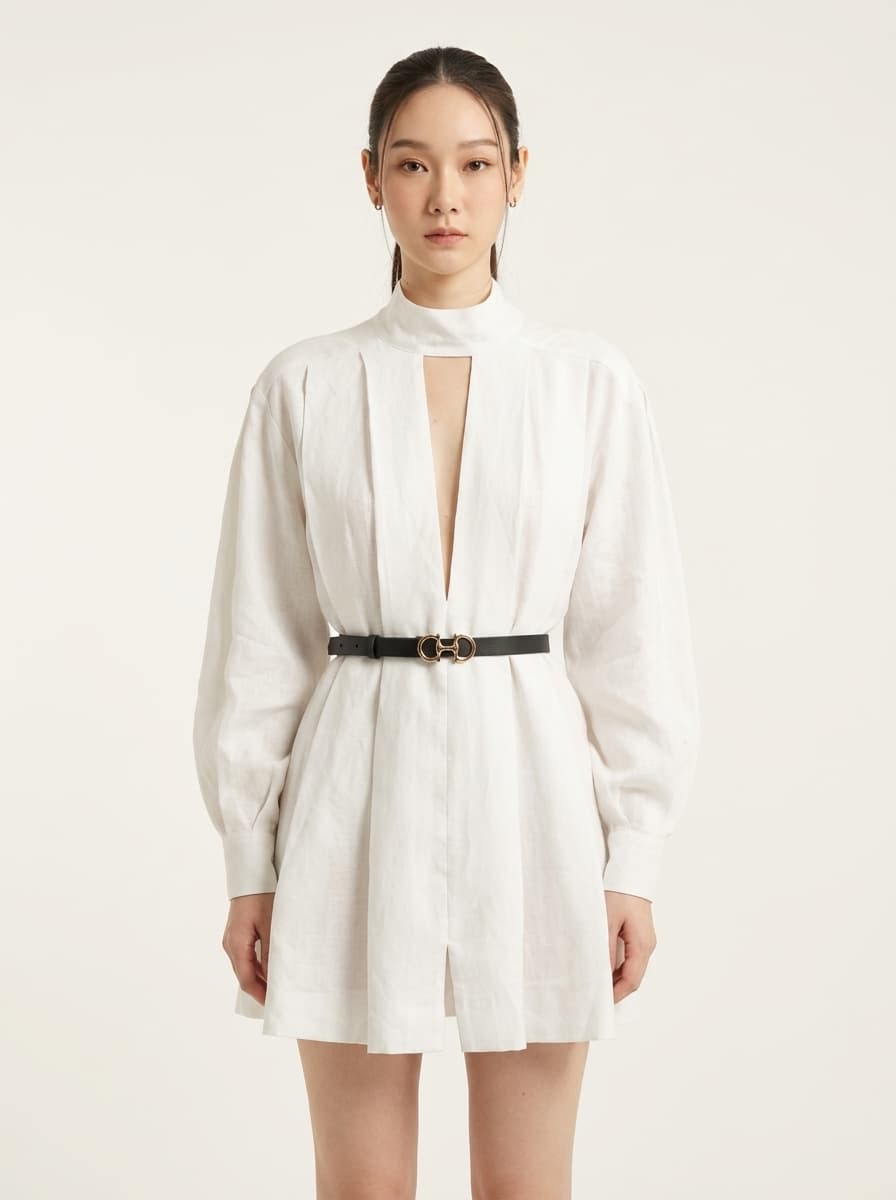 High Neck Cut Out  Pleated Romper With Full Sleeves