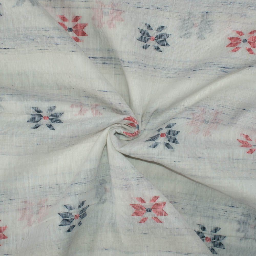Geometric White Futki Jamdani Pure Khadi 85 GSM Handwoven Fabric