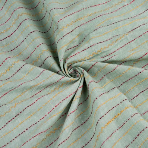 Stripe Mint Green Kantha Embroidered Khadi Cotton 115 GSM Handwoven Fabric