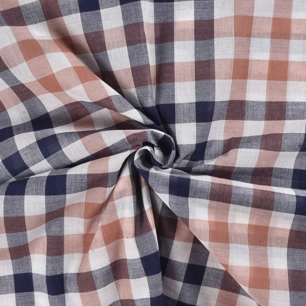 Check Brown Blue & White Pure Cotton 95 GSM Handwoven Fabric