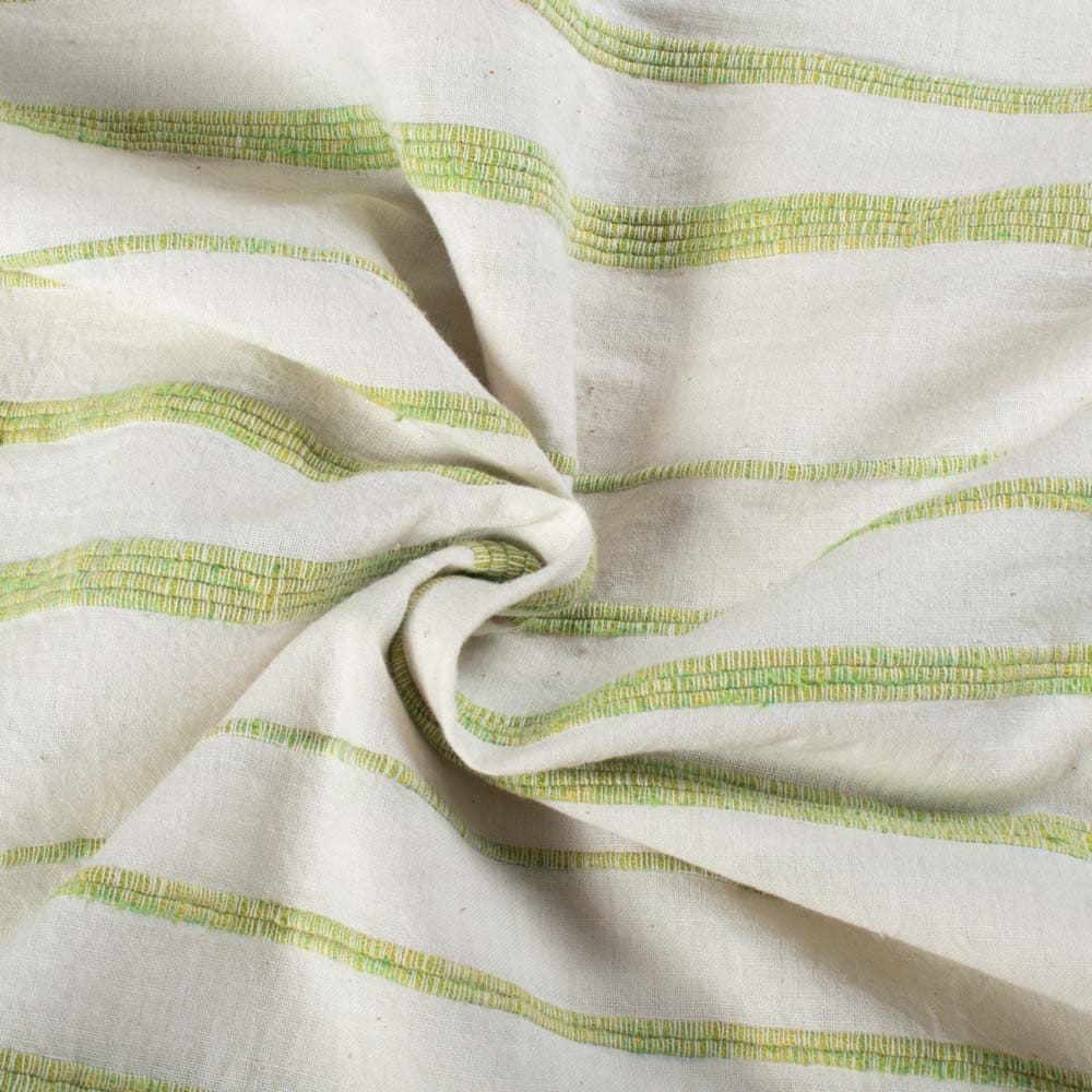 Khesh Recycled White & Greenish Yellow Stripe Pure Cotton 180 GSM Handwoven Fabric