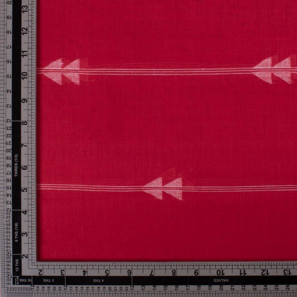 Red plain cotton Jamdani fabric with white arrow motif shown in a flat view with measurement scale