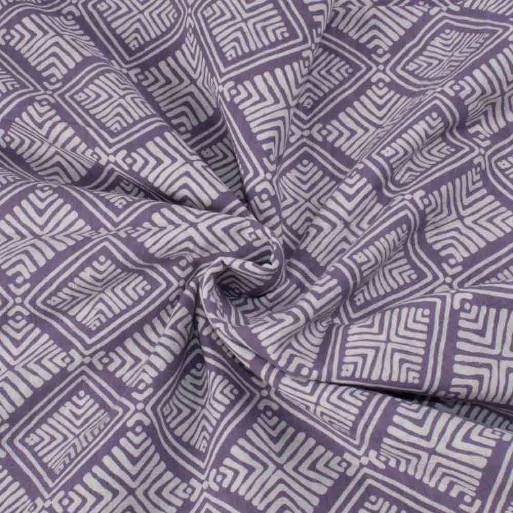 Abstract Purple White Screenprinted Pure Khadi 90 GSM Handwoven Fabric