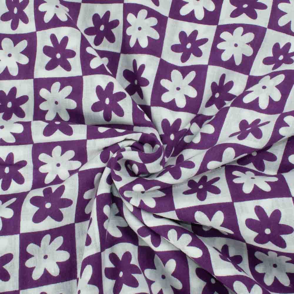 Floral Purple White Screenprinted Pure Khadi 90 GSM Handwoven Fabric