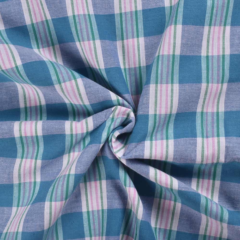 Check Blue & White Pure Cotton 75 GSM Handwoven Fabric