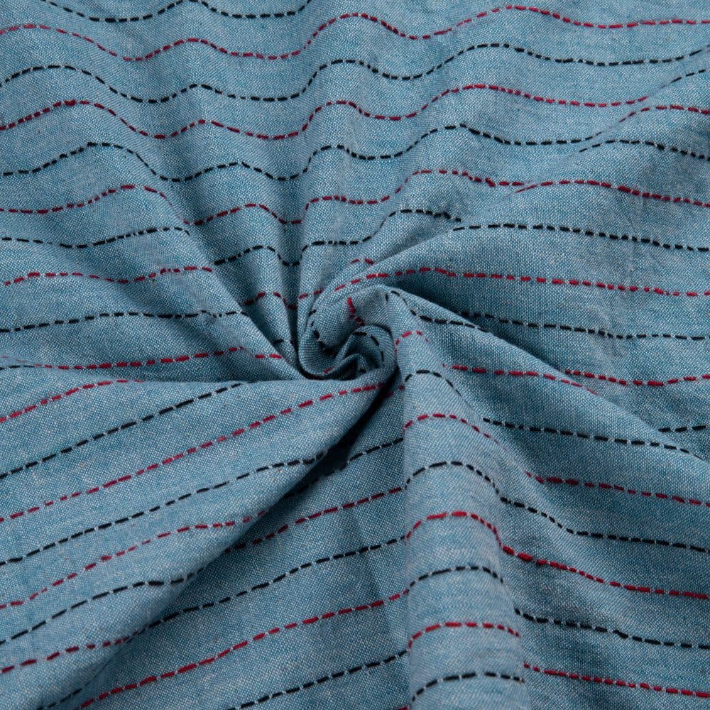 Stripe Blue Kantha Embroidered Khadi Cotton 141 GSM Handwoven Fabric