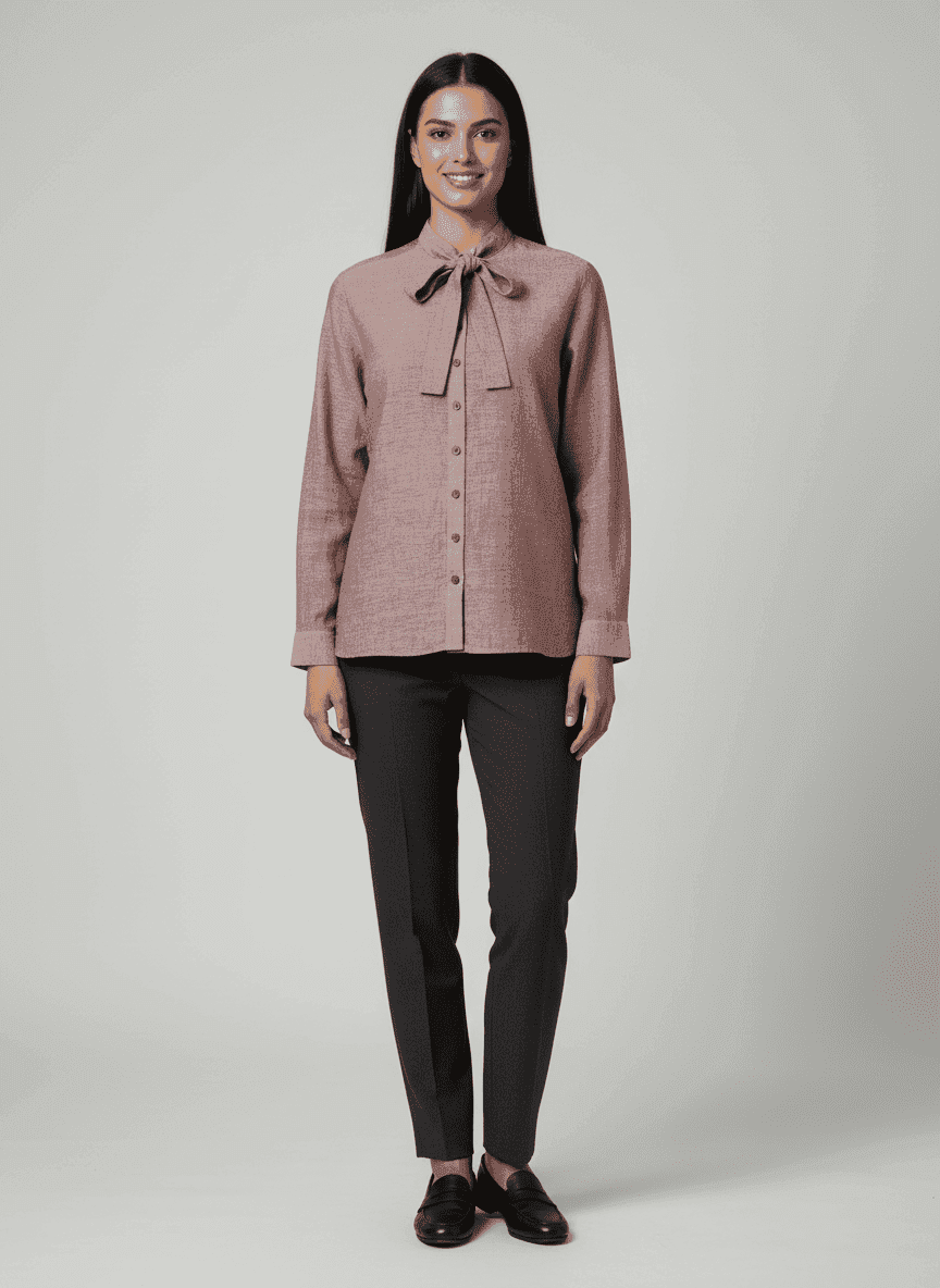 Band Collared Shirt With A Bow-Center Buttoned Placket