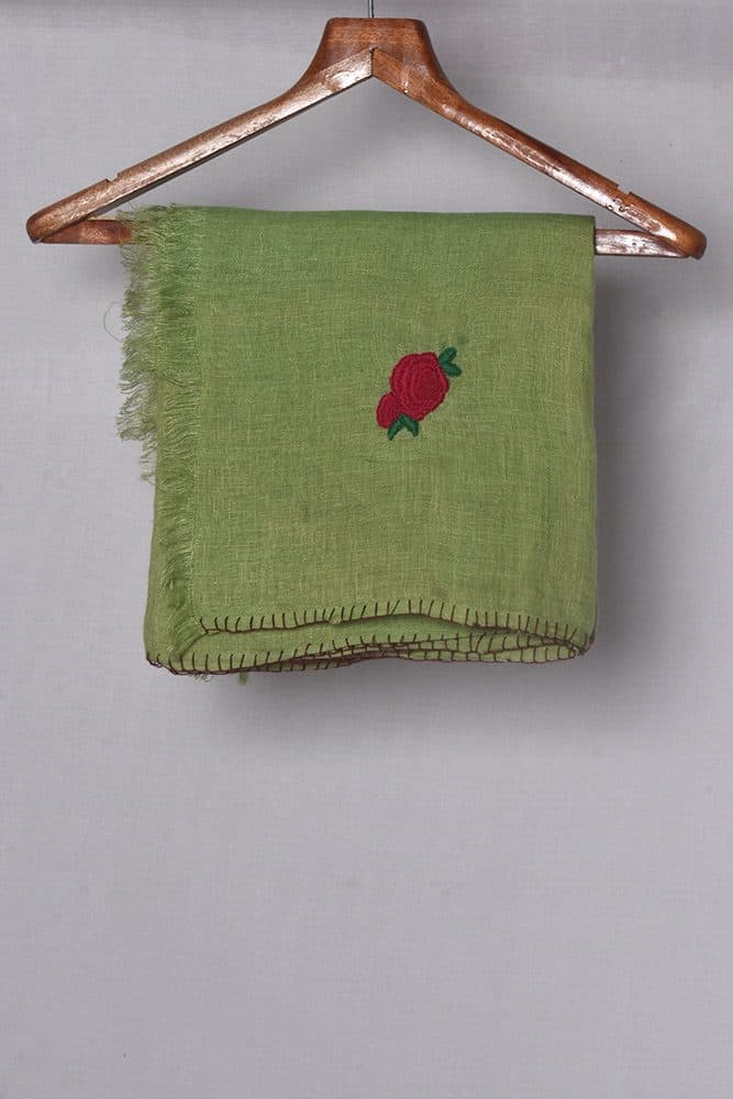 Olive Green Hand Embroidered Linen Scarf