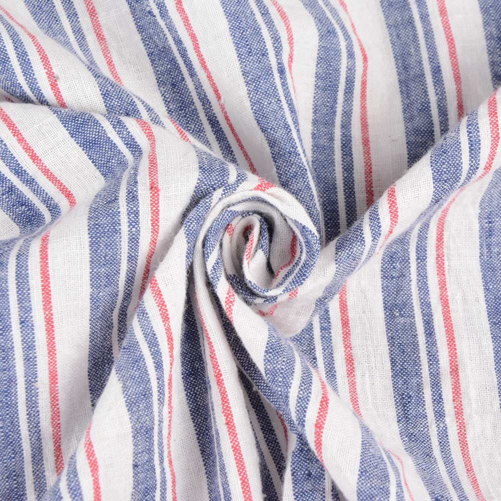Stripe Blue White & Red Khadi Fabric - 112 GSM Handspun & Handwoven
