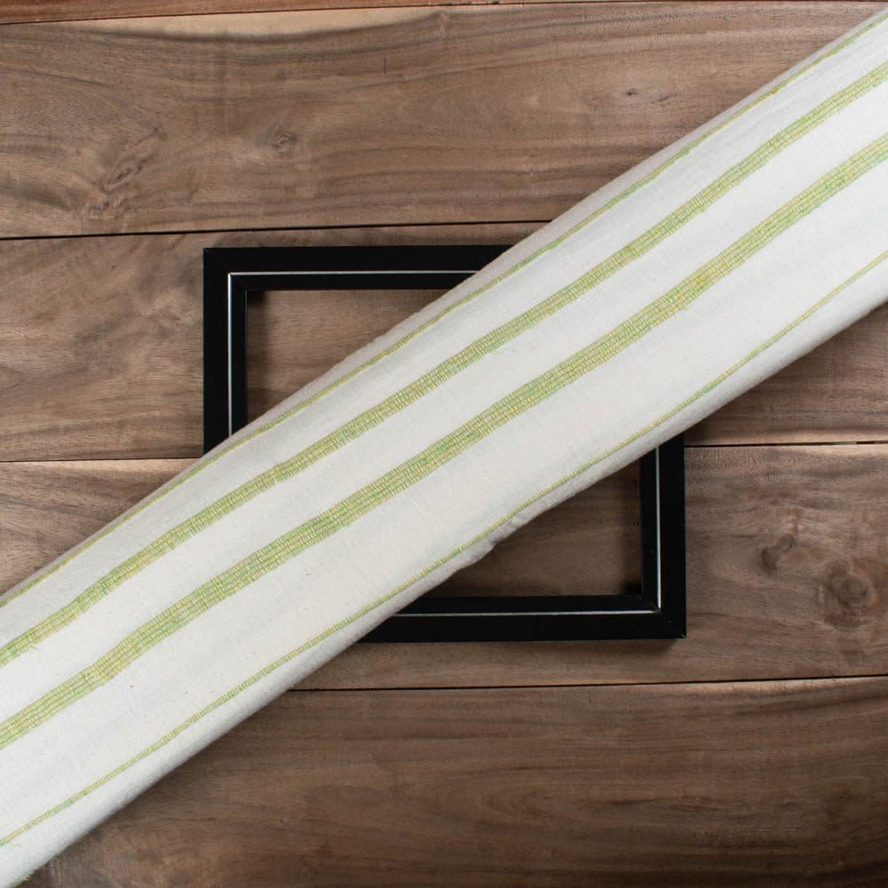 Khesh Recycled White & Greenish Yellow Stripe Pure Cotton 180 GSM Handwoven Fabric