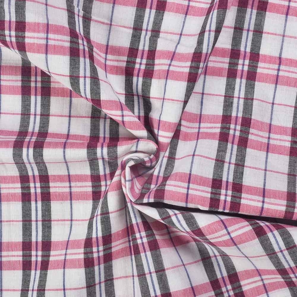 Check White Pink & Black Pure Cotton 98 GSM Handwoven Fabric
