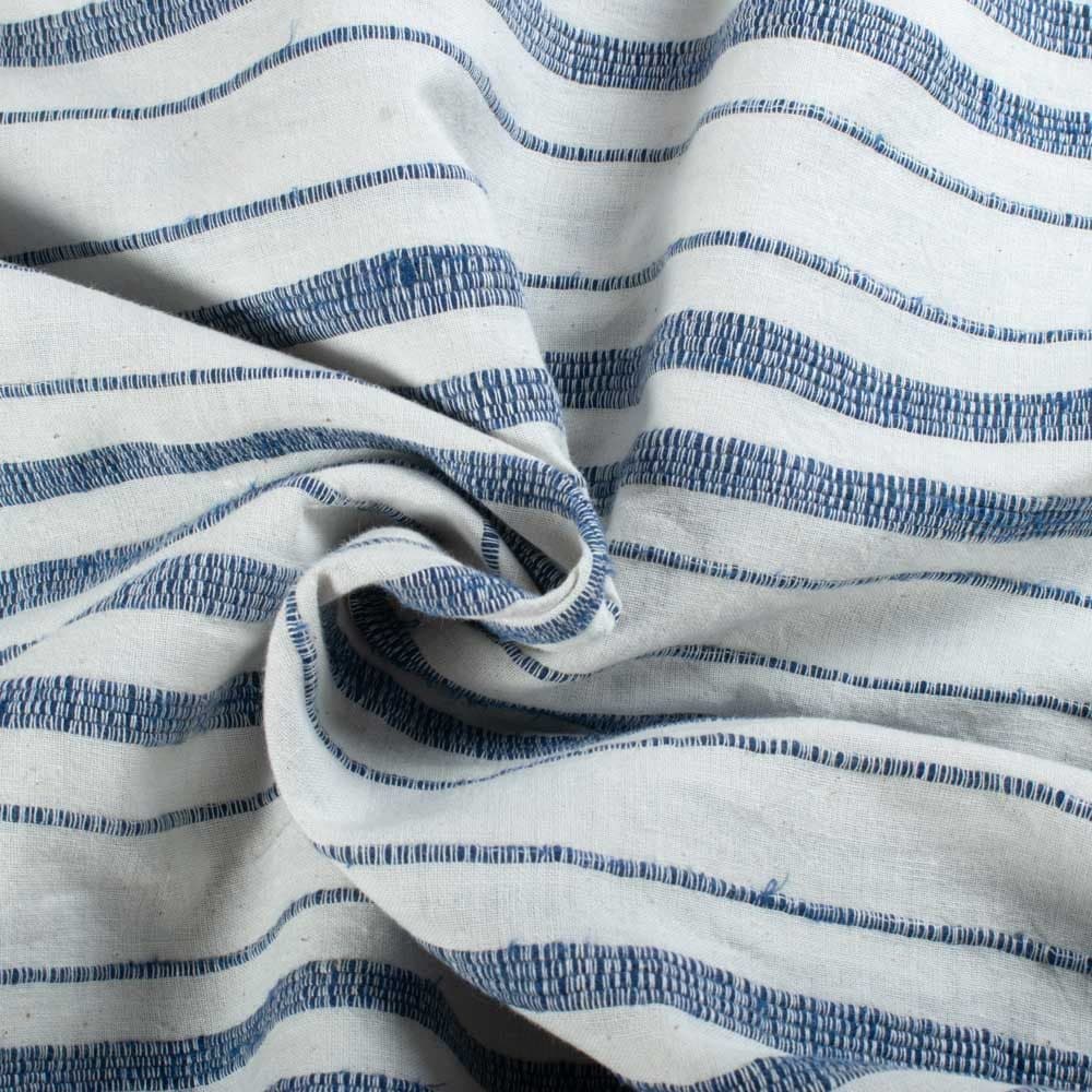 Khesh Recycled White & Navy Blue Stripe Pure Cotton 180 GSM Handwoven Fabric