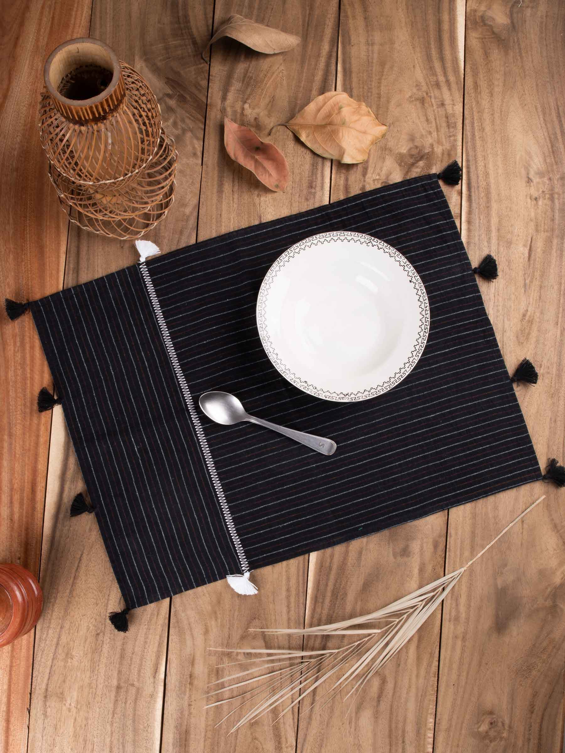 Black Striped & Embroidered Handwoven Cotton Table Placemat