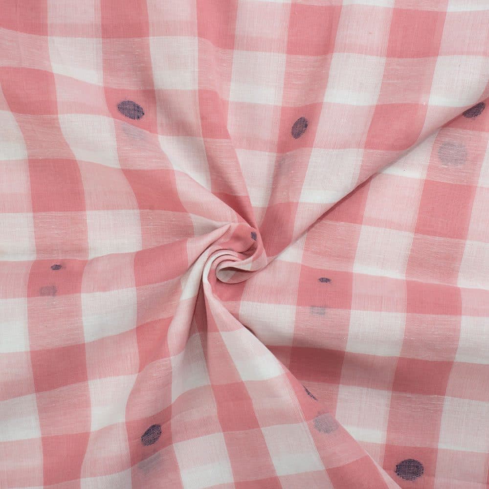 Check White Pink Jamdani Pure Cotton 55 GSM Handwoven Fabric 341