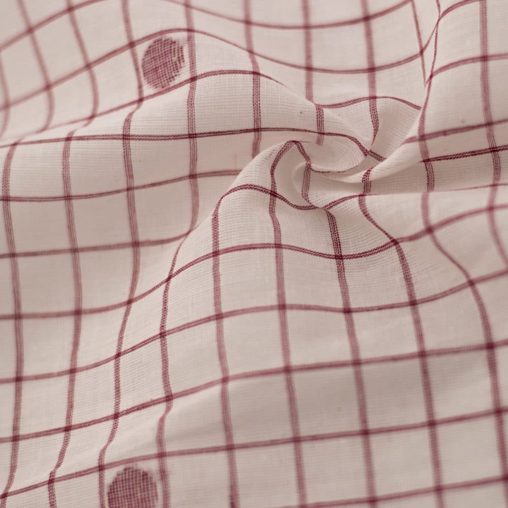 Geometric Check Cream & Red Jamdani Pure Cotton 55 GSM Fabric 19