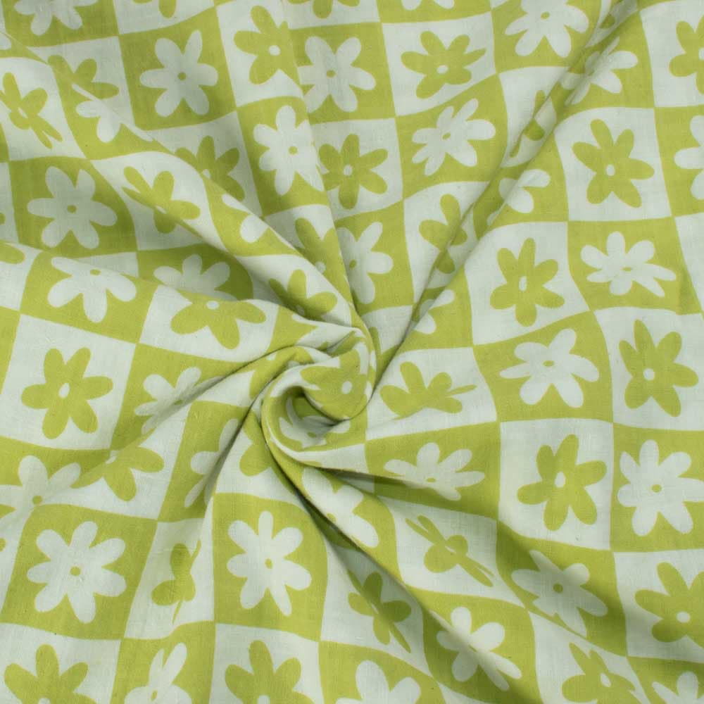 Floral Light Green White Screenprinted Pure Khadi 90 GSM Handwoven Fabric