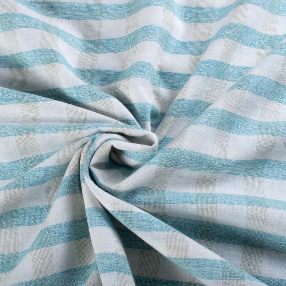 Check Turquoise White Brown Pure Cotton 100 GSM Handwoven Fabric