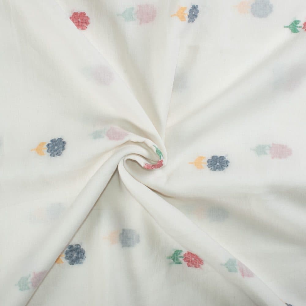 Multi flower White base Jamdani Pure Cotton 55 GSM Handwoven Fabric 