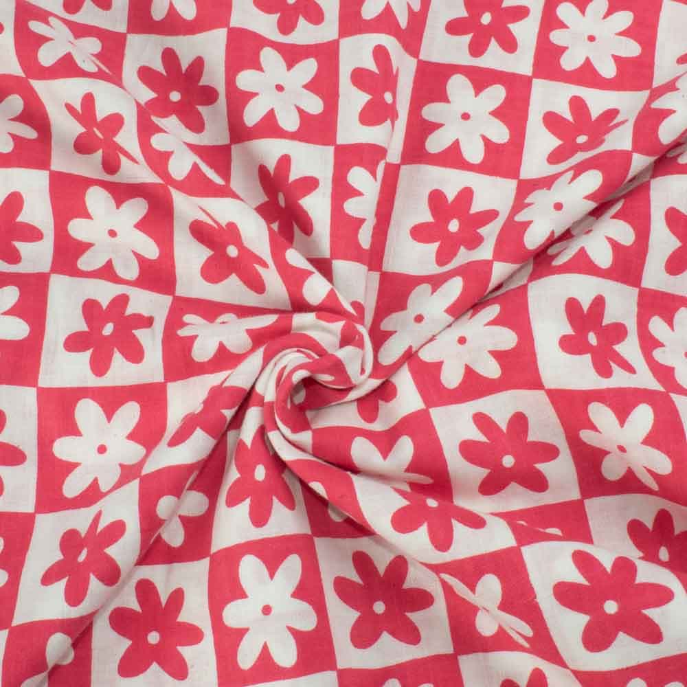 Floral Red White Screenprinted Pure Khadi 90 GSM Handwoven Fabric