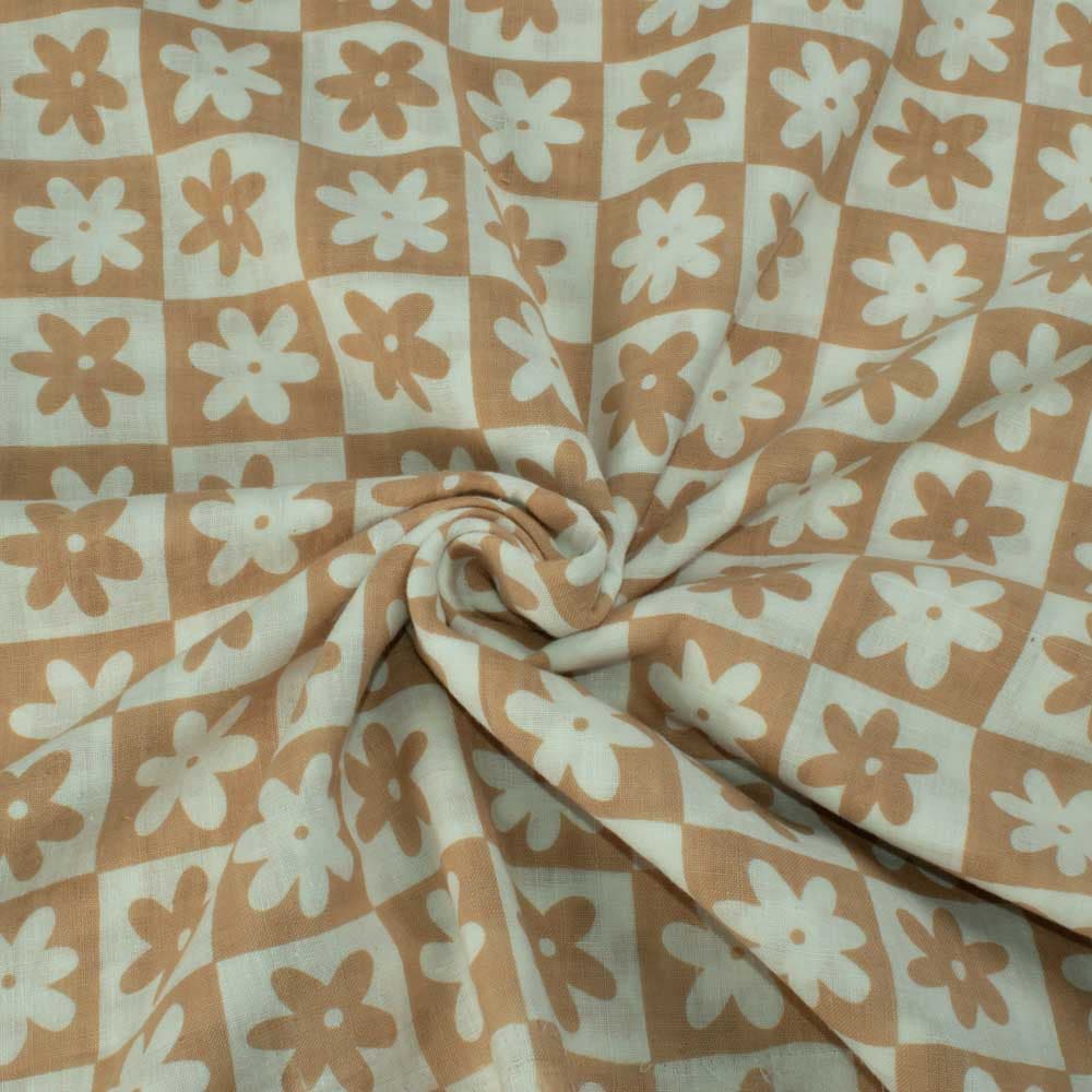 Floral Brown White Screenprinted Pure Khadi 90 GSM Handwoven Fabric
