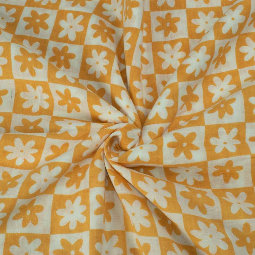 Floral Yellow White Screenprinted Pure Khadi 90 GSM Handwoven Fabric