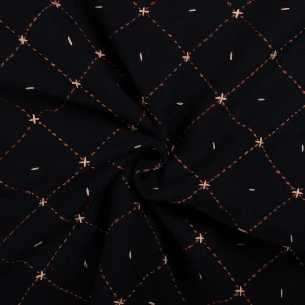 Black Kantha Embroidered Khadi & Cotton 140 GSM Handwoven Fabric