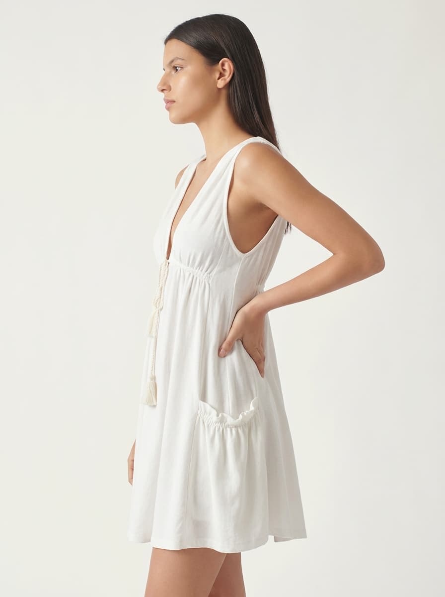 Deep V Neck Gathered Dress With Pockets Dress