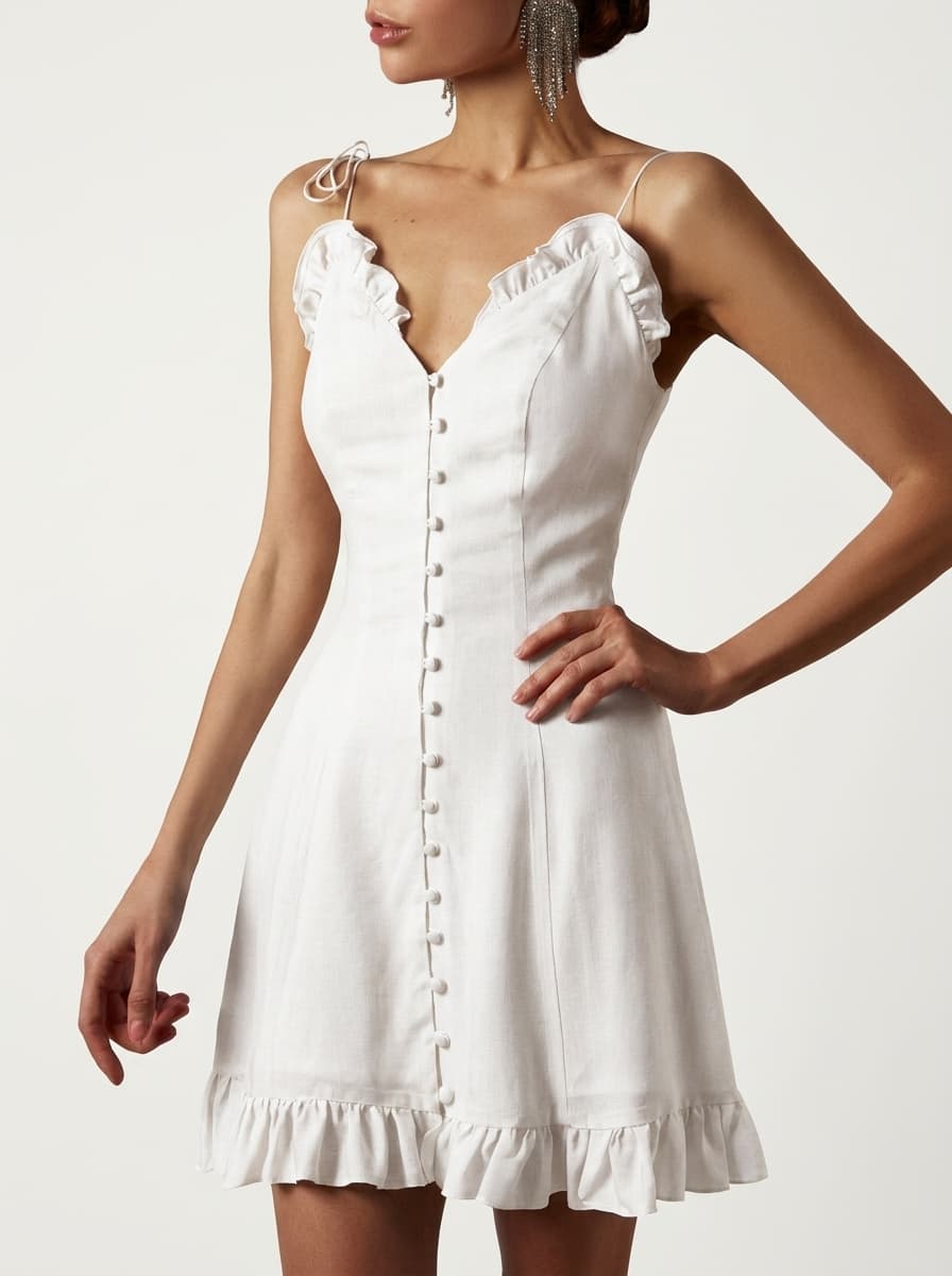 Ruffled Sleeveless Buttoned Dress With Spaghetti Straps