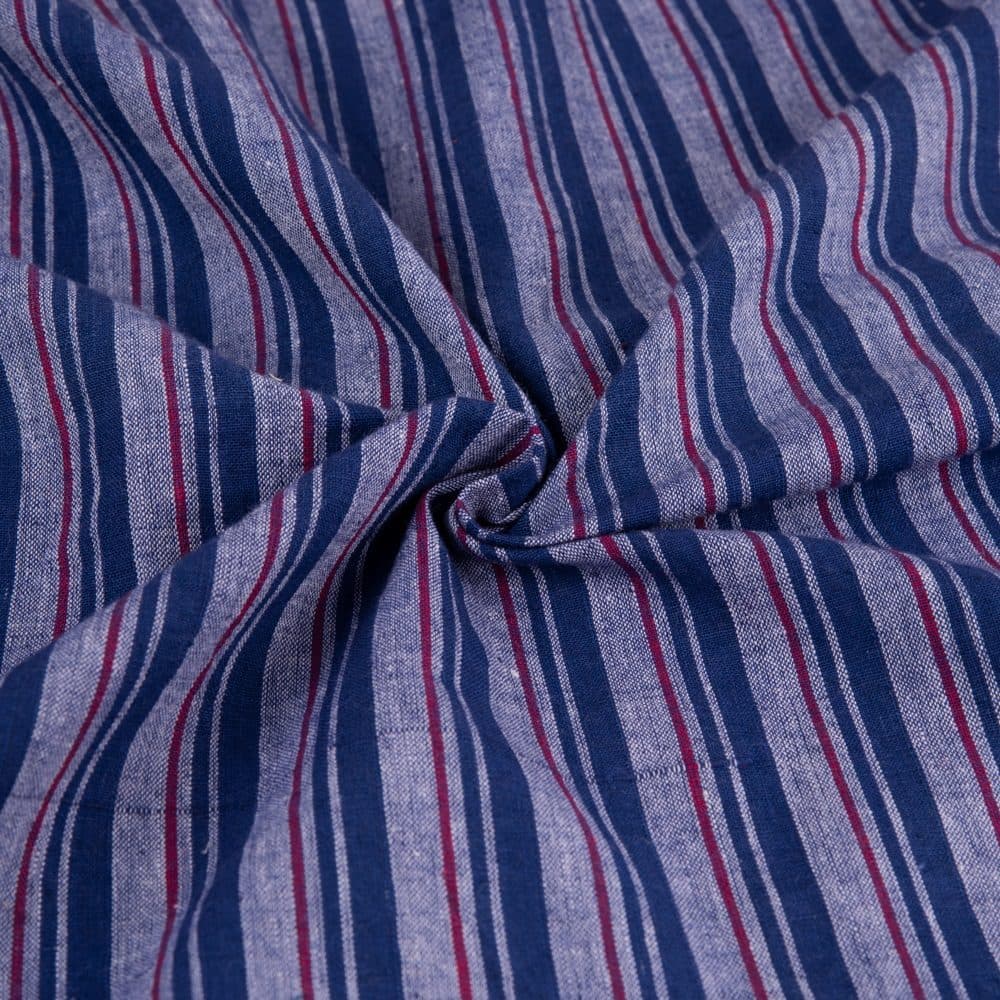 Stripe Indigo & Red Khadi Fabric - 134 GSM Handspun & Handwoven