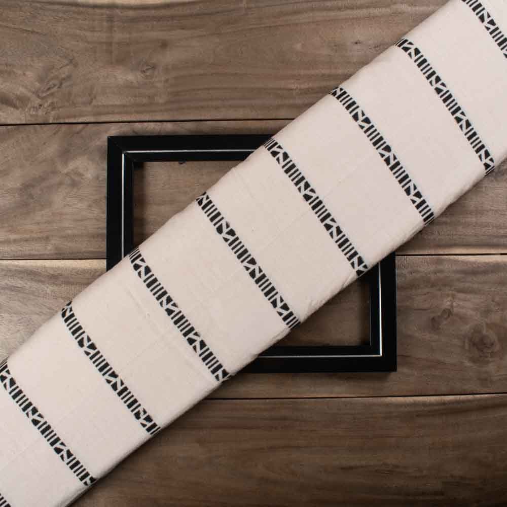 Stripe Cream Tribal Geometric Extra Warp 125 GSM Khadi Cotton Jacquard Fabric