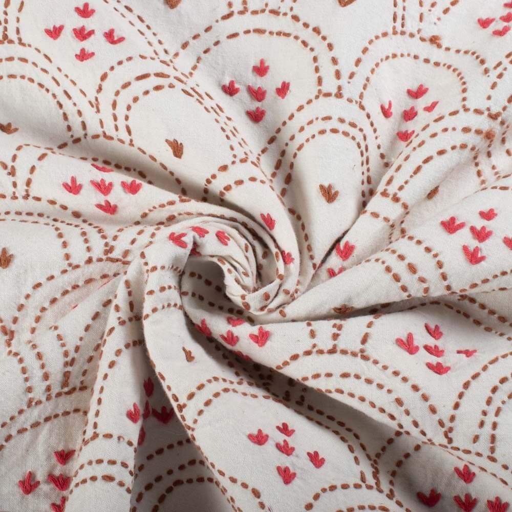 Scallop White Embroidered Khadi Cotton 190 GSM Kantha Fabric