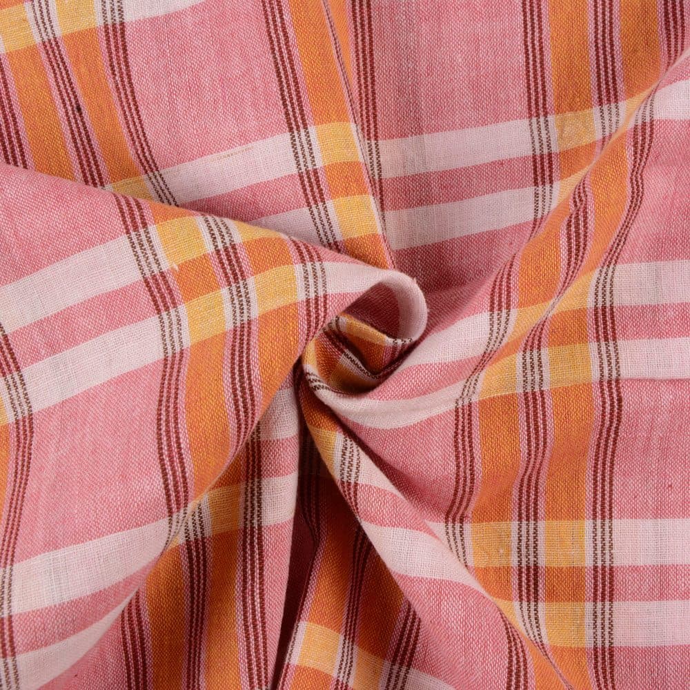 Check Red & Orange Pure Cotton 95 GSM Handwoven Fabric