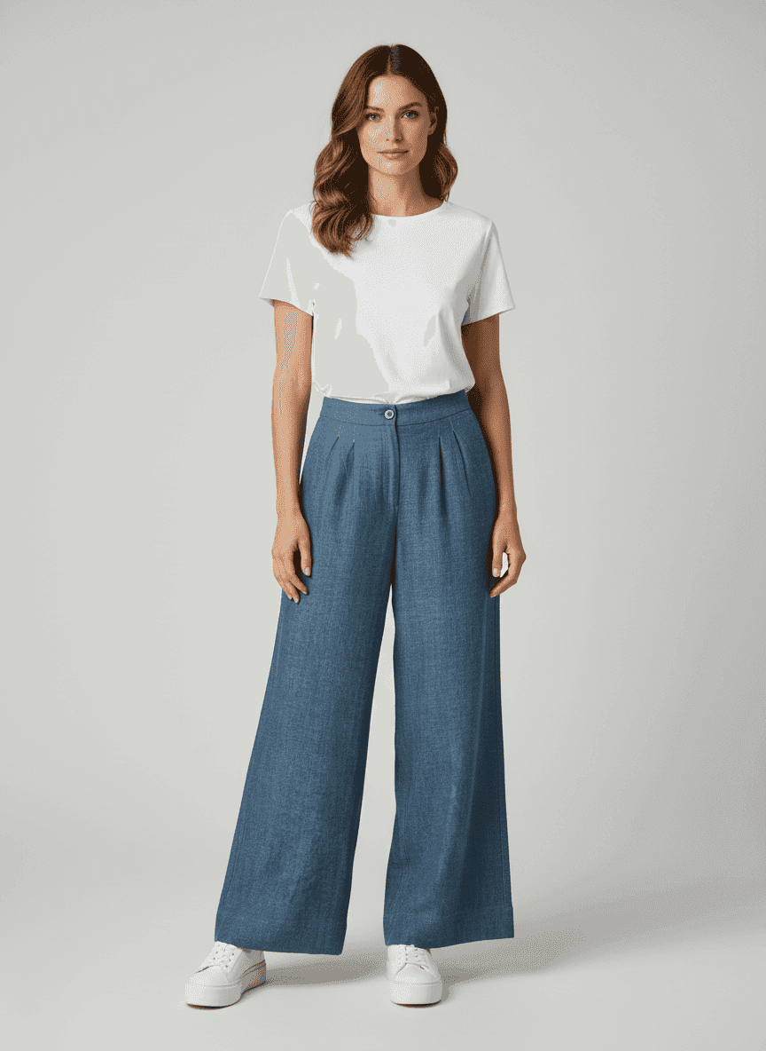 Straight Cut Wide Leg Bottom Pants With Center Button
