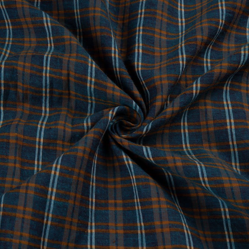Check Blue & Brown Pure Cotton 68 GSM Handwoven Fabric