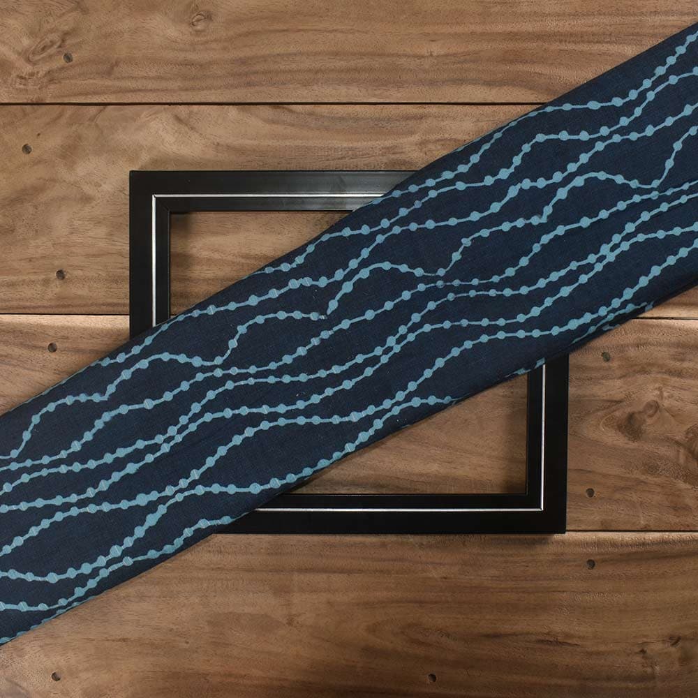 Abstract Blue Discharge Block Printed Pure Cotton 89 GSM Handwoven Fabric