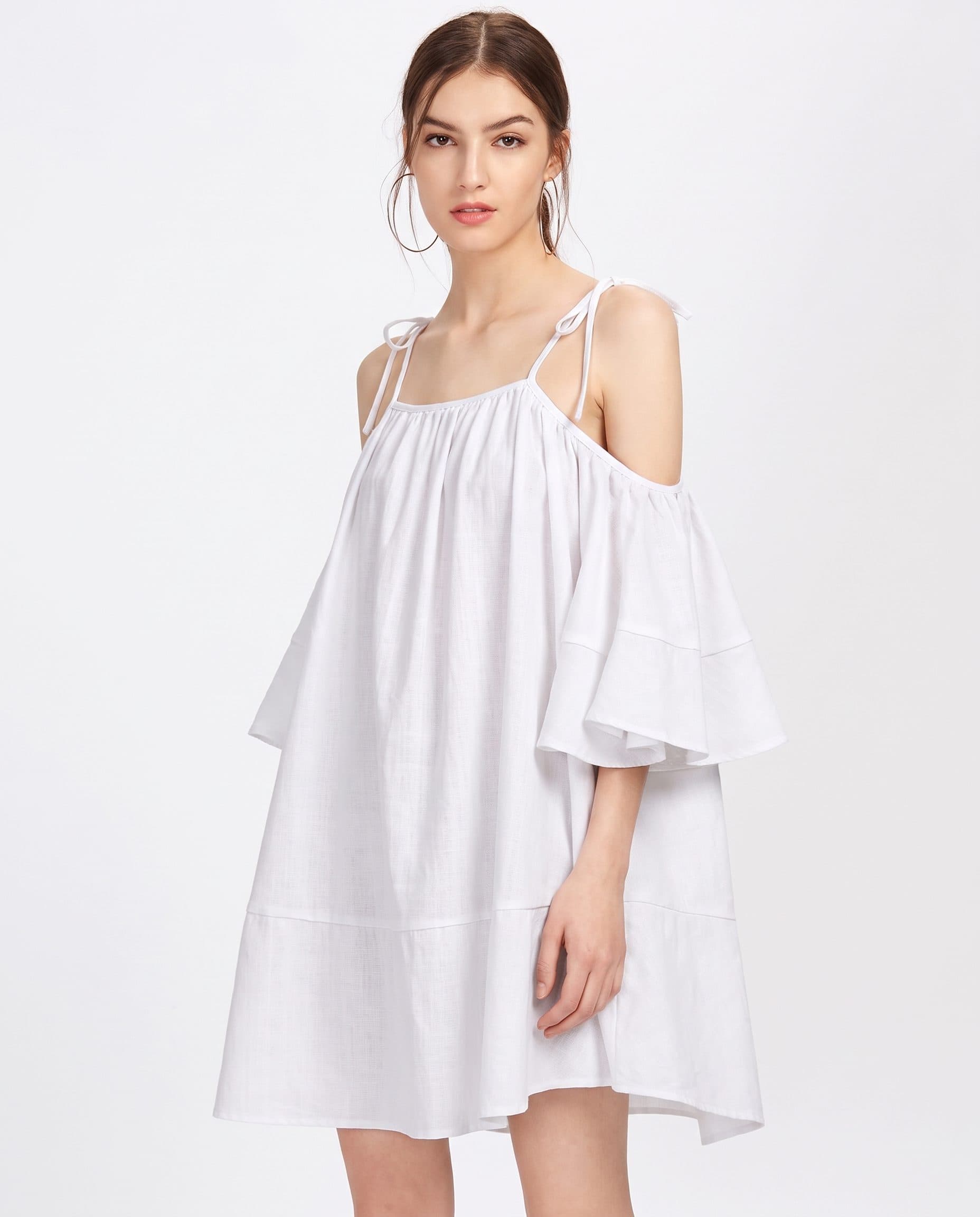 Gathered Cold Shoulder Tied Sleeves Shift Dress