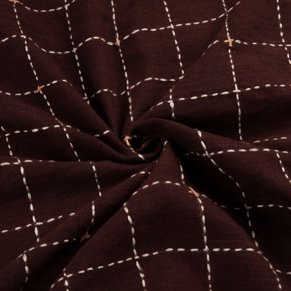 Check Brown Kantha Embroidered Khadi Cotton 110 GSM Handwoven Fabric