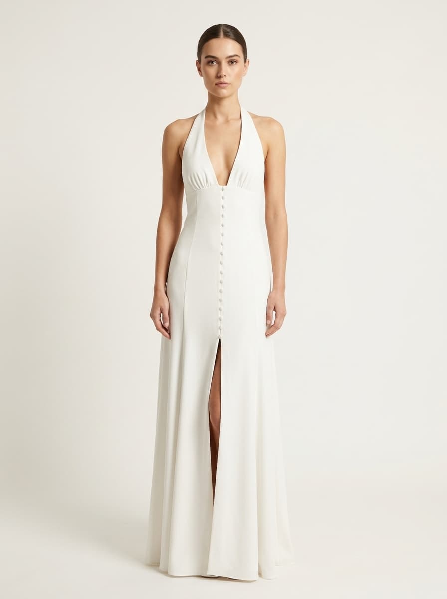 Deep V Halter Neck Maxi Dress With Centre Slit