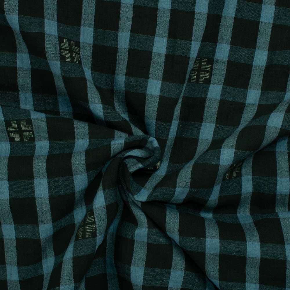 Check Green Black Jamdani Pure Cotton 100 GSM Handwoven Fabric 344