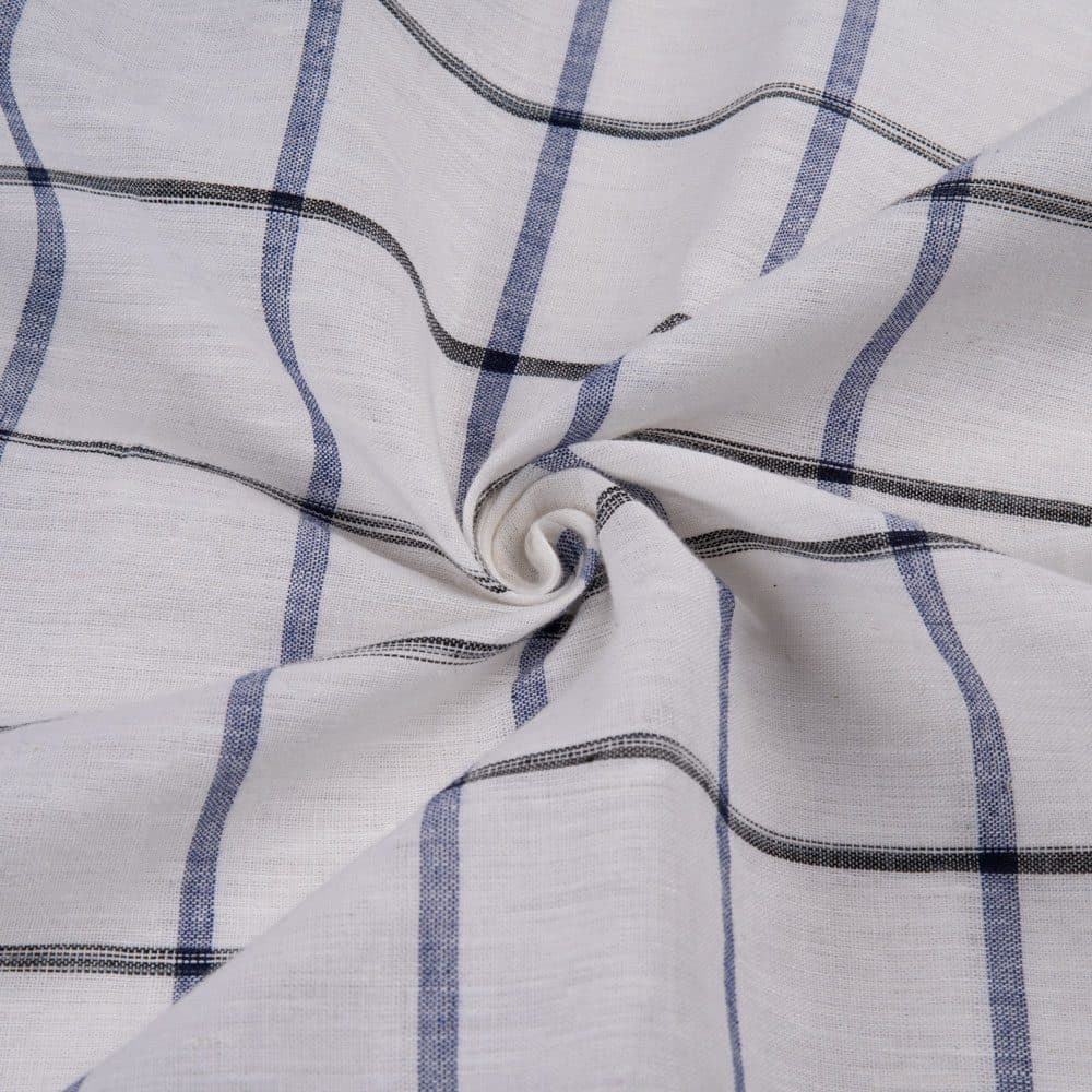 Check White Blue & Black Linen Cotton 121 GSM Handwoven Fabric