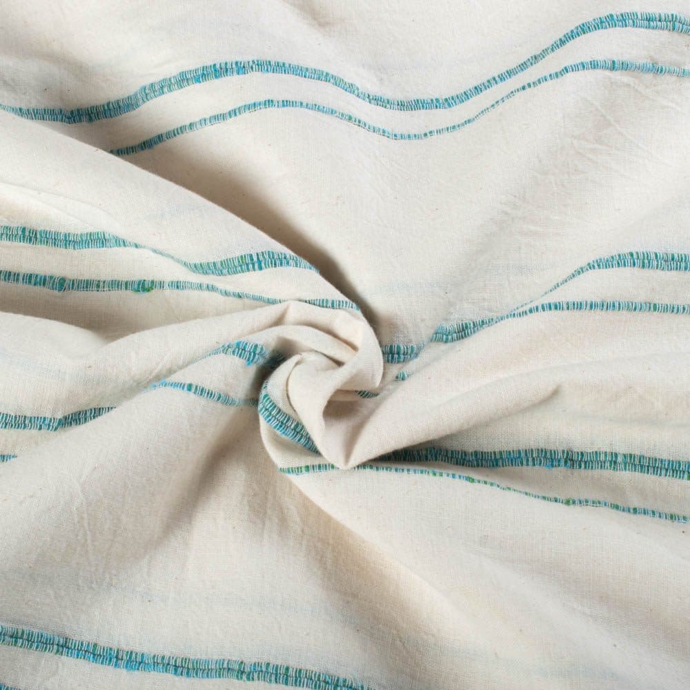 Khesh Recycled White & Turquoise Blue Stripe 135 GSM Pure Cotton Handwoven Fabric