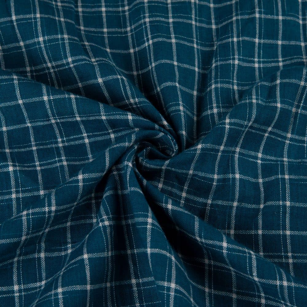 Check Teal Blue Yarn Tie Dye Pure Cotton 100 GSM Handwoven Fabric