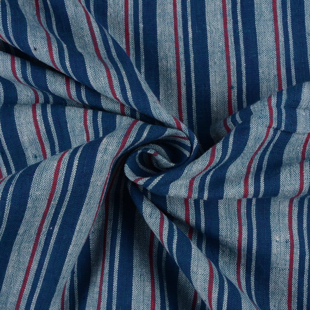 Stripe Blue & Red Khadi Fabric - 127 GSM Handspun & Handwoven