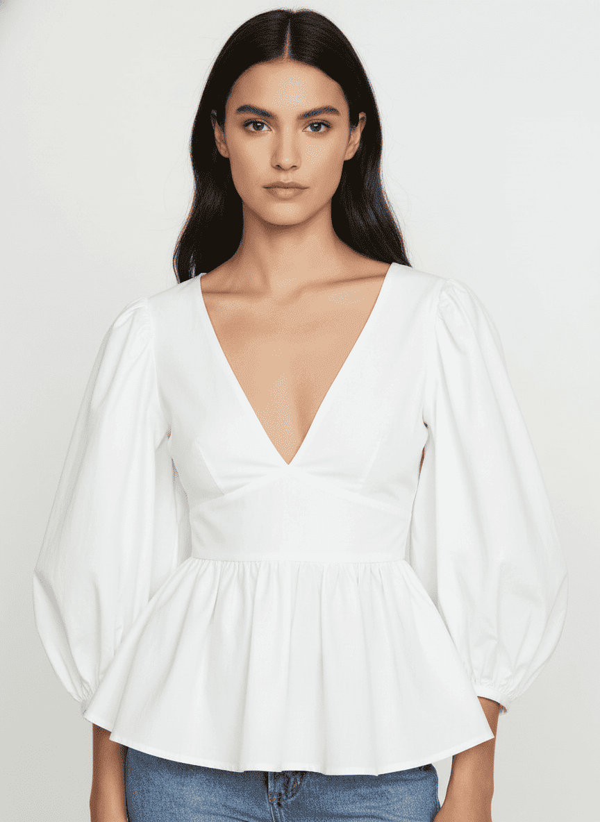 Gathered Sleeve Peplum Deep V Top