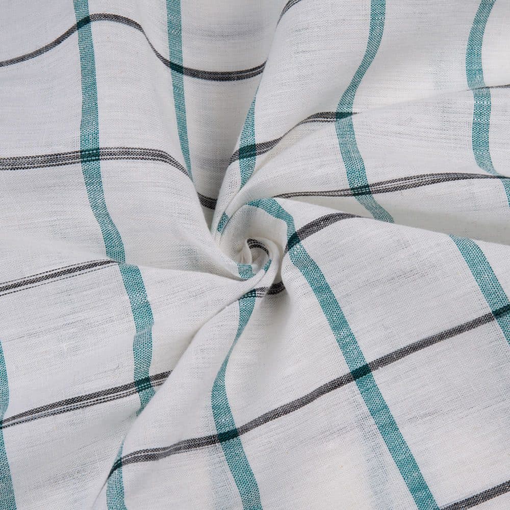 Check White Teal & Black Linen Cotton 121 GSM Handwoven Fabric