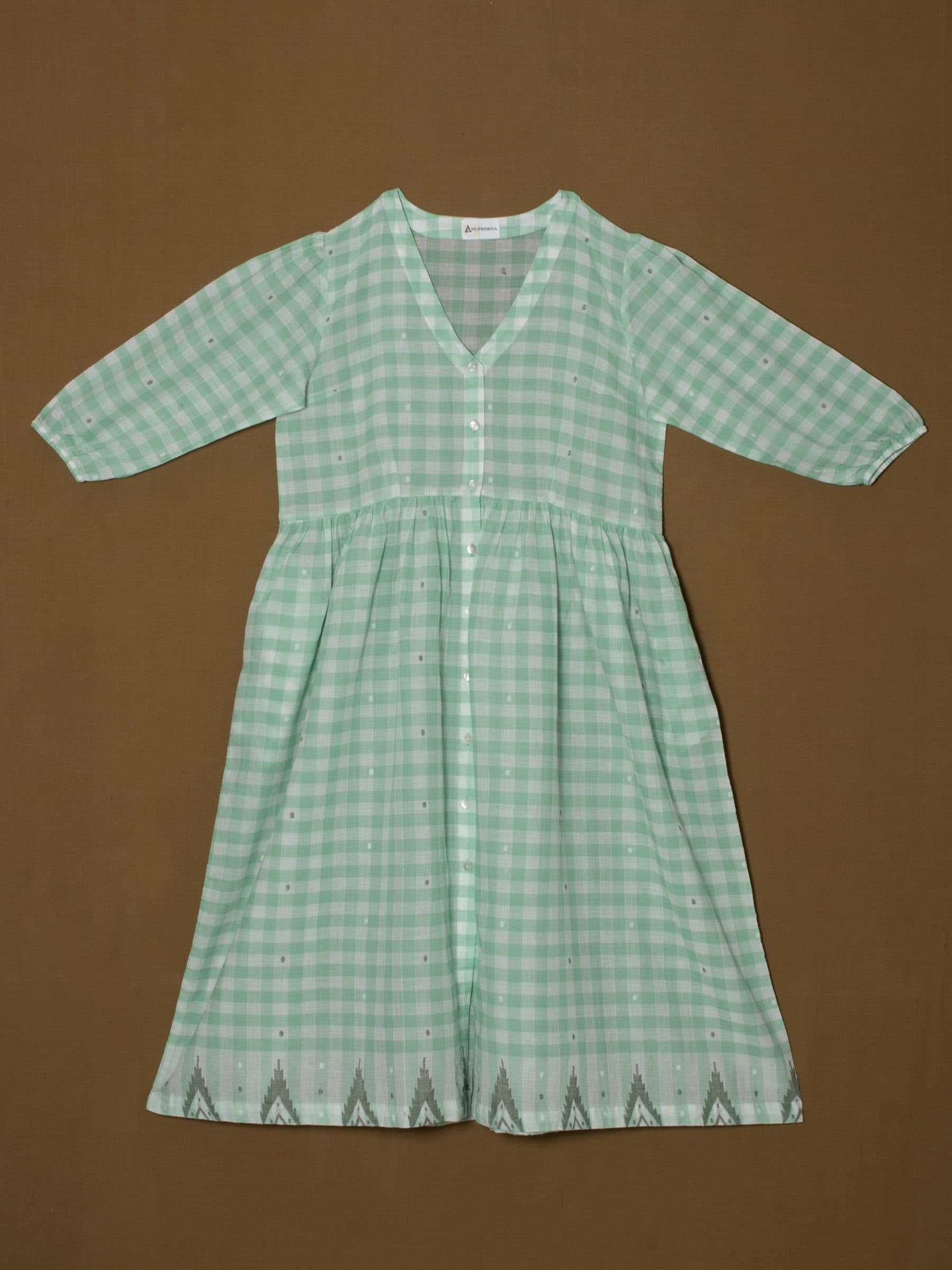 Buttoned & Gathered Lose Midi Dress - Green & White